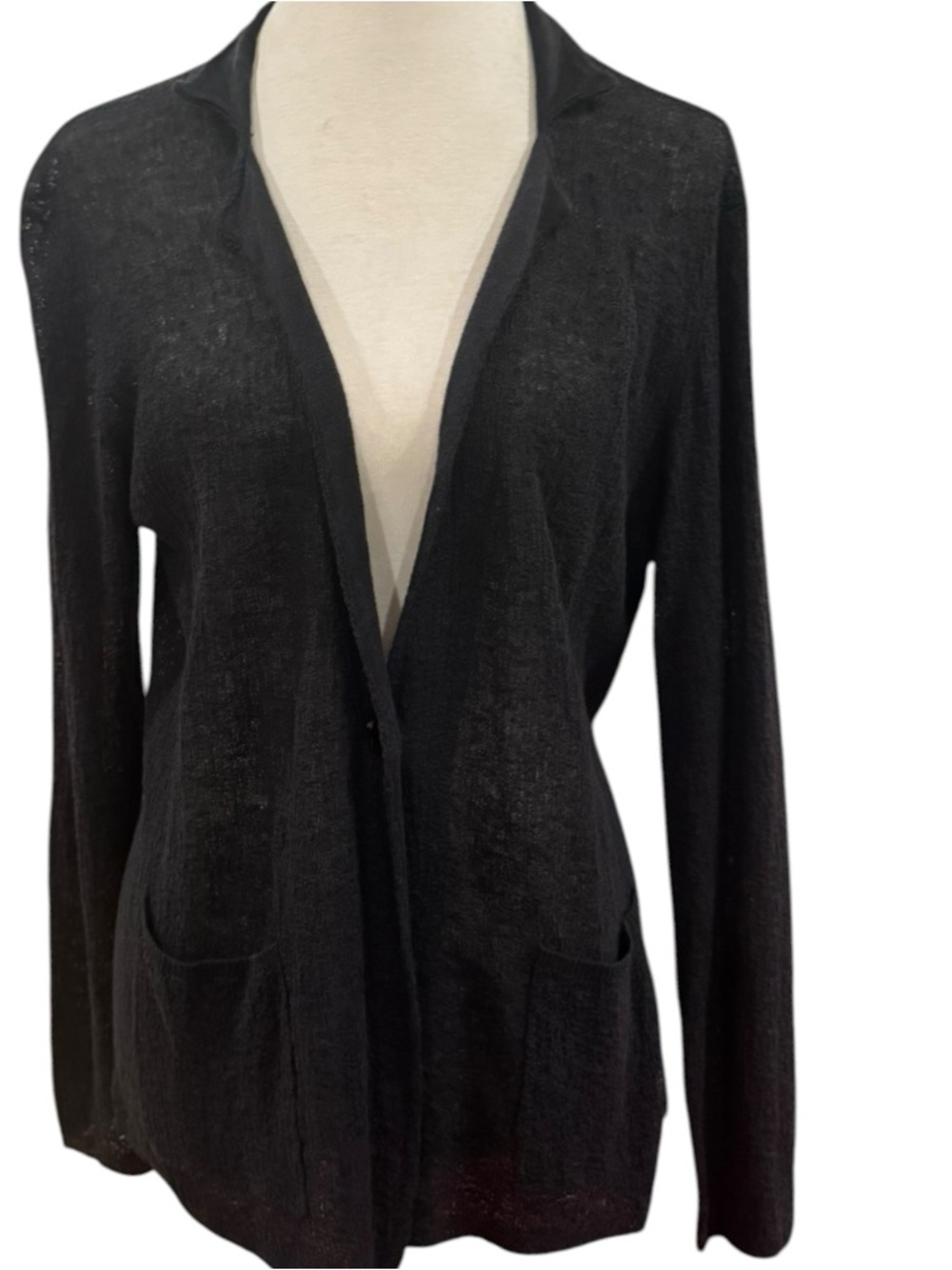 Black Open-Front Women's Sweater organic linen Cardigan Sz M